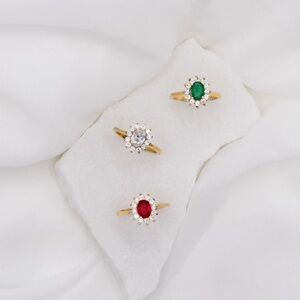 Gold Red Green Gemstone Zirconia Ring, Crystal Emerald Minimalist Dainty Ruby